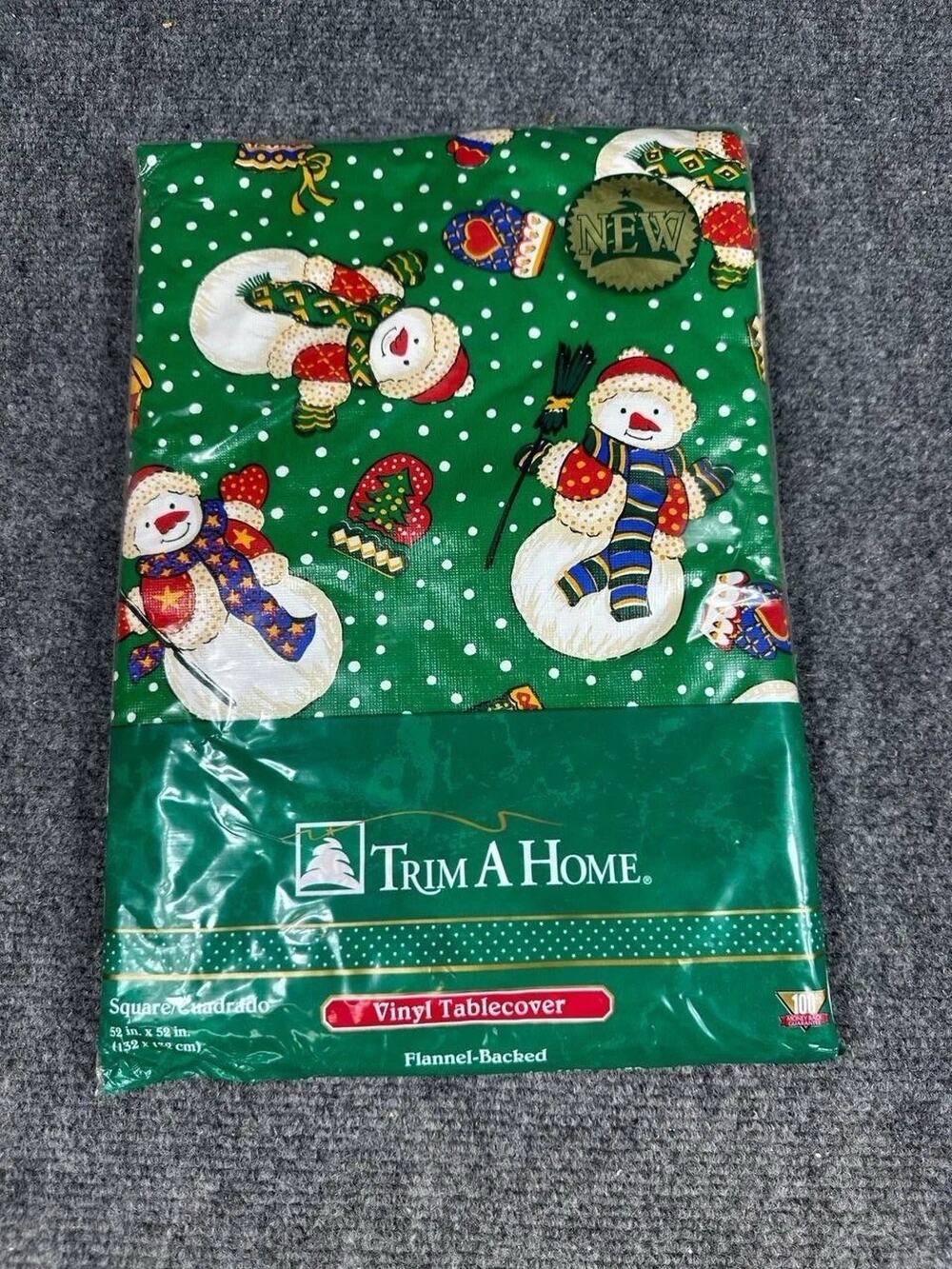 VTG Christmas Trim A Home Vinyl Tablecover Oblong Flannel Back Kmart NEW Snowman